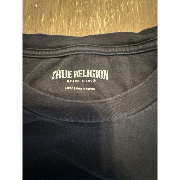 True Religion Black Crewneck Spell Out Horse Shoe T Shirt Tee Large - Picture 4 of 5